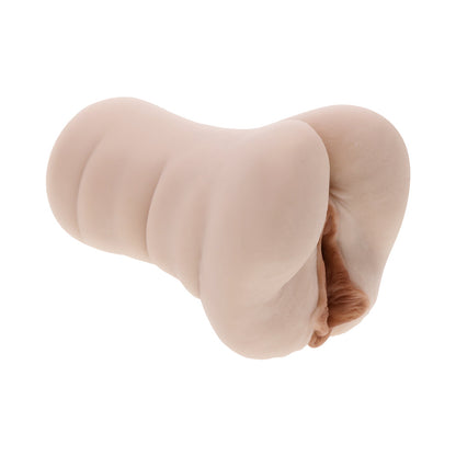 Close-up of pink vaginal lips and tight anal entry